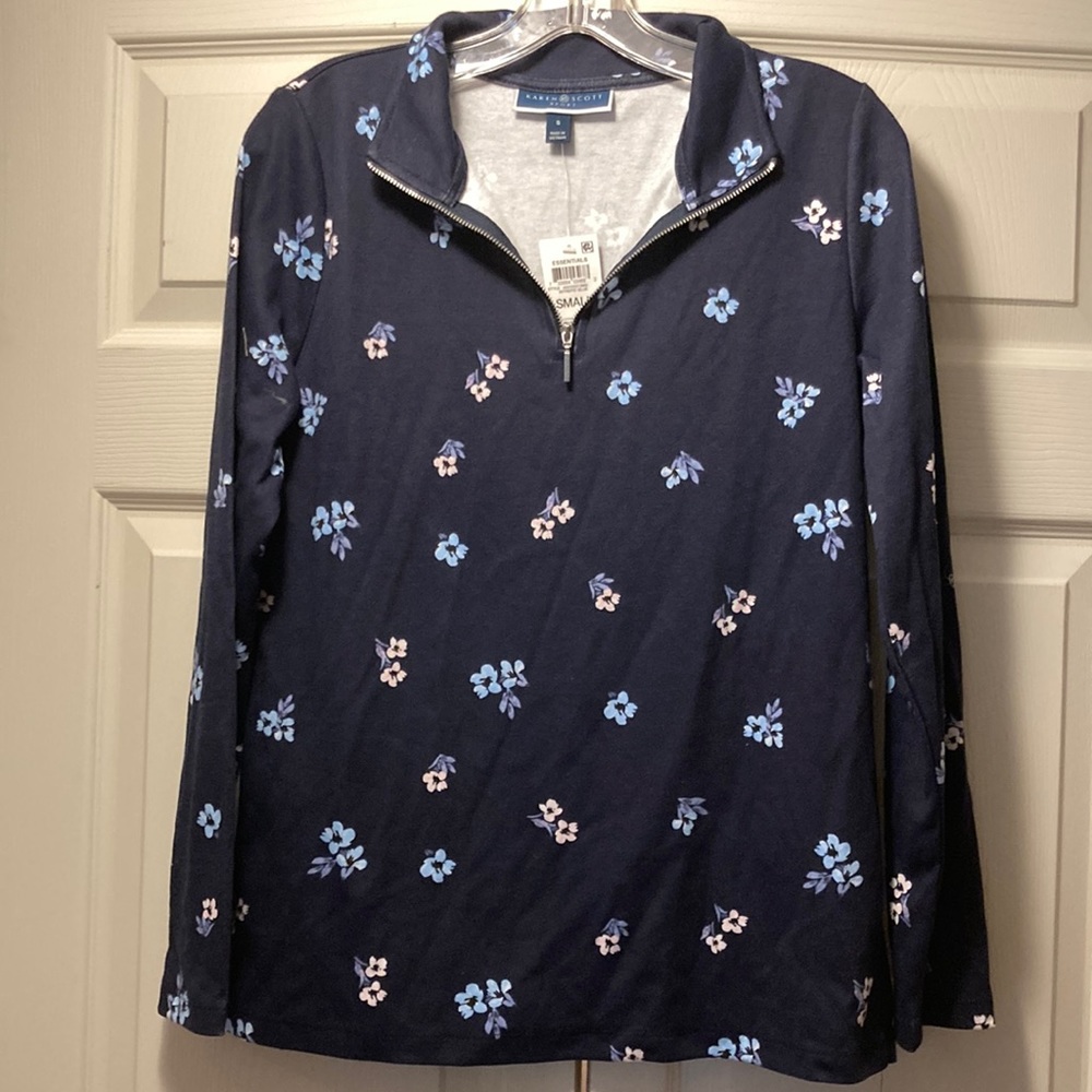 Karen Scott Women’s 1/4 Zip Long-sleeve Navy Blue Floral Print Top (S) NWT